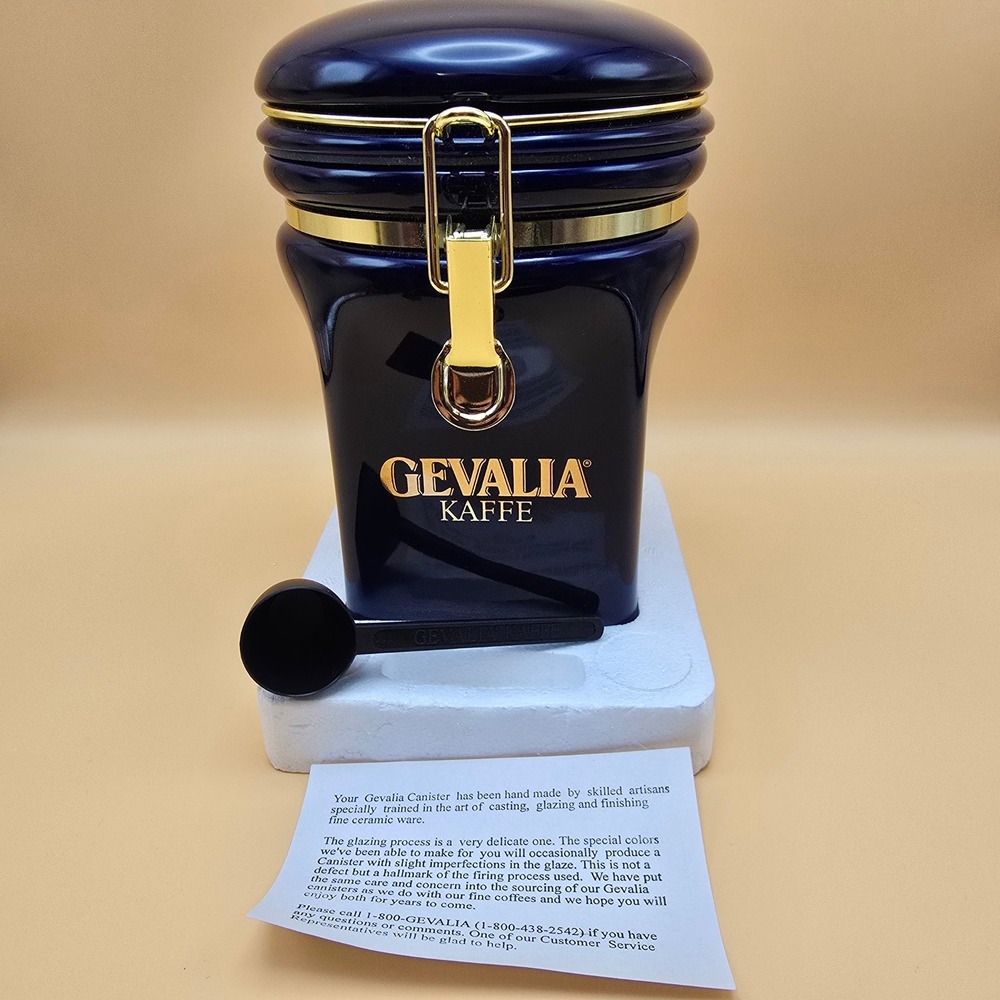 Gevalia Kaffe Cobalt Blue Ceramic Coffee Canister Airtight Gold Trim with Scoop